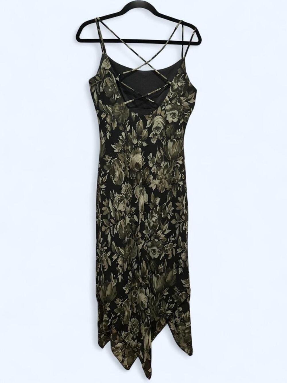 Vintage 90s y2k Black and green floral Alyn Paige midi dress with scarf hem